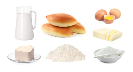 Baked patties and ingredients isolated on white, set
