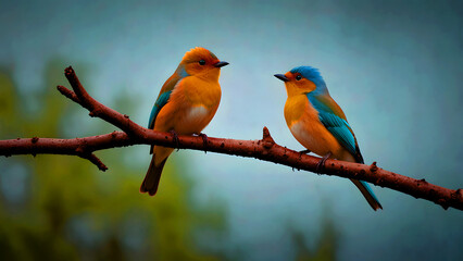 Obraz premium Two vibrant colorful birds perched on a brown branch with a soft blurred background