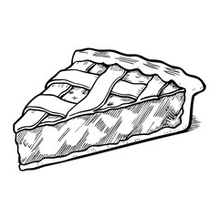 A slice of pie with a lattice crust, showcasing a golden-brown filling. The pie is presented on a simple plate, emphasizing its homemade appearance.