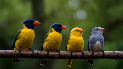 Fototapeta premium Colorful birds of different species perched on a branch against a green backdrop