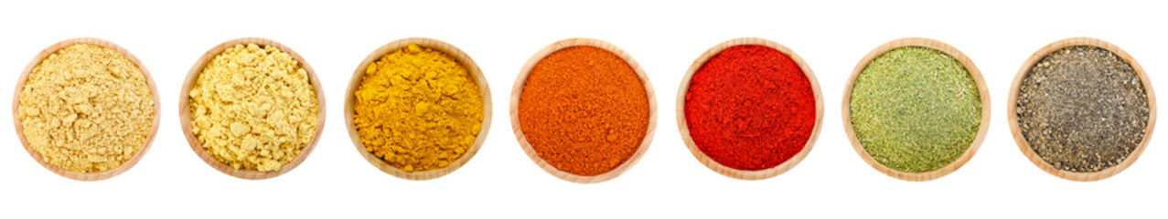 Different aromatic spices in bowls isolated on white, set. Top view