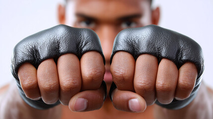 Boxer with leather gloves showing fists forward in a powerful stance symbolizing strength and focus