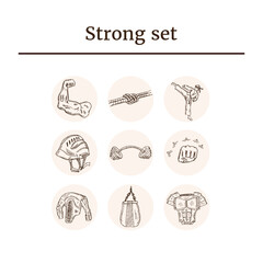 Strong set. Isolated elements on chalkboard background. Symbol collection.