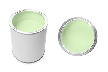 Pastel green paint in can isolated on white. Top and side view
