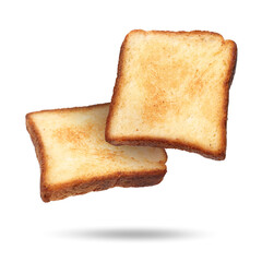 Slices of toasted bread in air o white background
