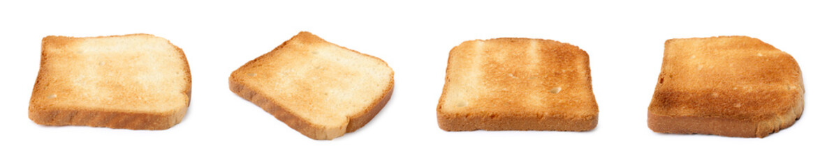Bread slices in different degrees of toast on white background, collage