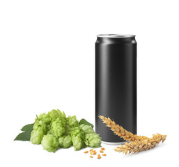 Fresh beer in can with hop flowers and ears of wheat on white background