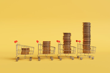 Supermarket shopping carts lined up with the height of the stack of coins increasing from left to right on a yellow background. Illustration of the concept of daily inflation and consumer price index