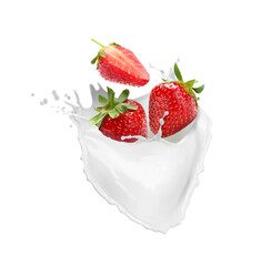 Fresh juicy strawberries in cream splash on white background