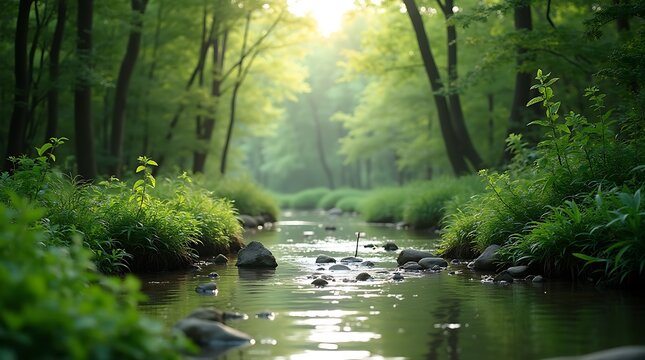 Serene forest stream nature landscape green trees water rocks peaceful - Powered by Adobe