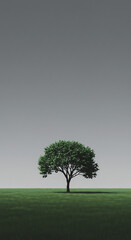 Obraz premium Solitary Tree in Lush Green Field Under a Grey Sky Nature Landscape Serenity