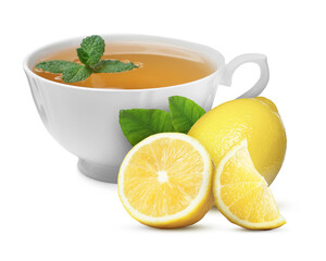 Tea in cup and fresh lemons on white background