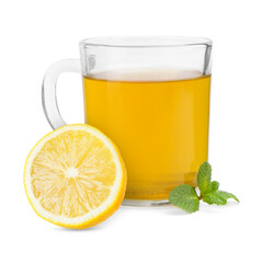 Tea in glass cup and fresh lemon on white background