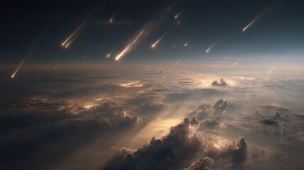 Dozens of meteorites streak across the sky, falling toward Earth in a spectacular and intense celestial meteor shower.