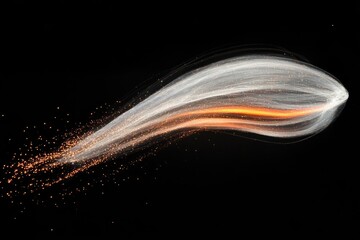 Obraz premium Abstract, ethereal, light trails forming a smooth, curved shape against a black backdrop. Orange and white streaks and particles