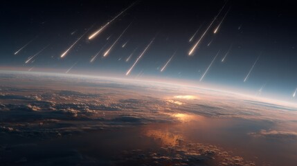 Dozens of meteorites streak across the sky, falling toward Earth in a spectacular and intense celestial meteor shower.