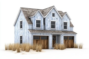 Obraz premium Two Story Blue Farmhouse with Brown Roof and Garage in Dry Grass