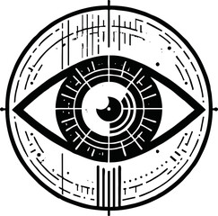 Flat vector icon of a futuristic eye scanning digital data, retina, biometric theme, minimal design, white background