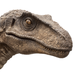Realistic dinosaur head model for educational purposes and displays on a transparent background, cut out
