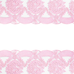 Frame made of beautiful pink lace on white background
