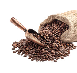 Coffee beans pouring from burlap sack with metal scoop on a transparent background, cut out