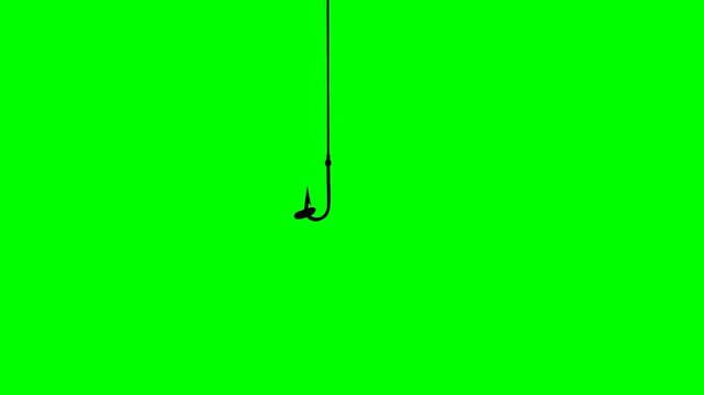 Animation of lowering a fishing hook with bait on a green screen background. Animation of catching fish in the sea. The lowered fishing hook is black.