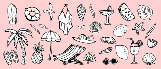 Summer beach vibes: tropical elements and refreshing drinks in black and white doodles. dolce vita summer doodle vector illustration. Italian style.
