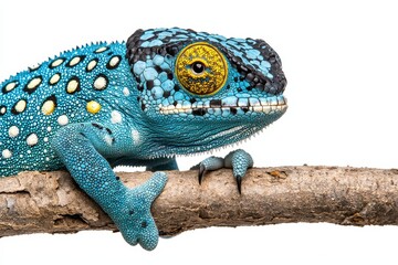 Fototapeta premium Vibrant Blue Chameleon With Yellow Eyes Perched on a Branch Against White Background
