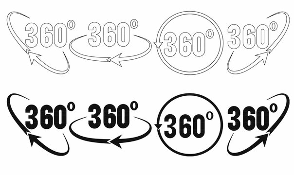 Set of 360 degree rotation icons with circular arrows. Perfect for interactive UI design, virtual tours, 3D views, and ecommerce previews.