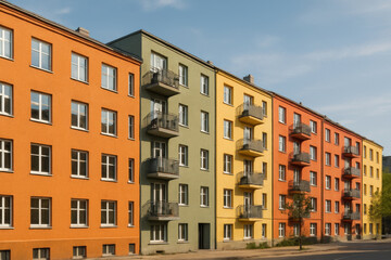 Fototapeta premium Colorful urban apartment facades with balconies under clear sky, showcasing vibrant orange, green, and yellow buildings in peaceful neighborhood