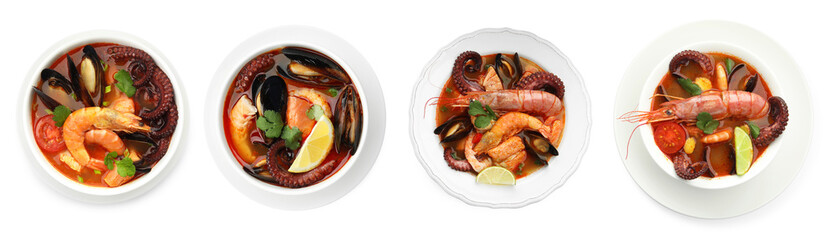 Delicious seafood soup in bowls isolated on white, collage. Top view