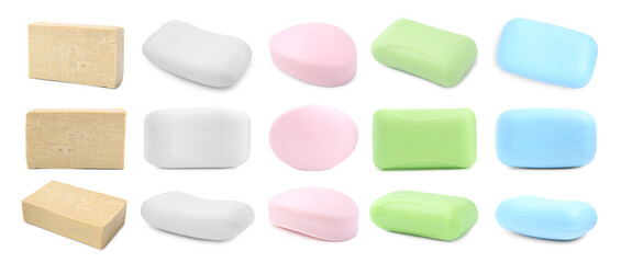 Different soap bars on white background, set