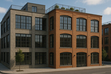 Fototapeta premium Urban loft building with rooftop terrace and large windows in modern city setting under clear sky