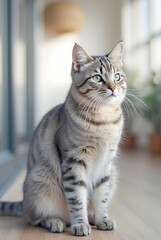 A beautiful grey tabby cat with striking green eyes sits gracefully on a wooden floor, attentively looking towards the right, with a soft, blurred indoor background