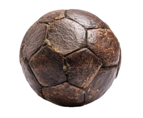 Vintage leather soccer ball for sports enthusiasts and collectors on a transparent background, cut out