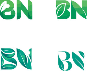 The BN letter logo featuring vibrant green foliage textures shows varied designs on white