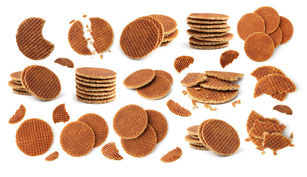Yummy Dutch waffles isolated on white, set
