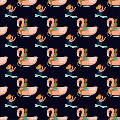 Playful cartoon seamless pattern with mermaids and sea creatures.