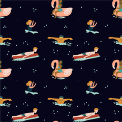 Naklejka premium Colorful seamless pattern of diverse cartoon characters swimming and floating.