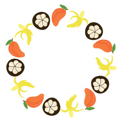 Mango, mangosteen and banana wreath, tropical round frame, border. Perfect for greeting cards, spring decor, wedding invitations, posters, branding, scrapbooking.