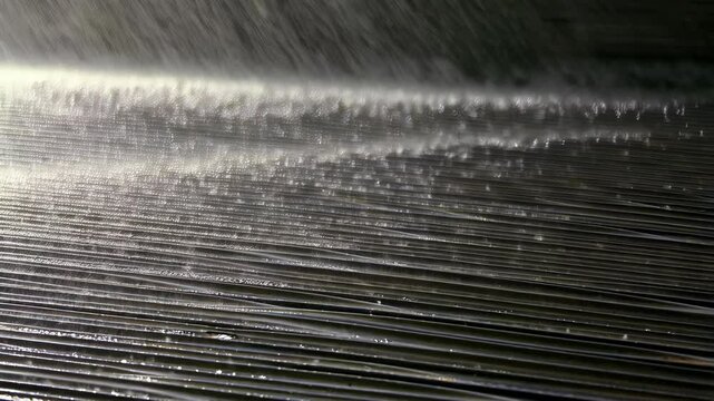 Heavy water pours onto parallel metal bars in an industrial setting, creating splashes and movement in a high-contrast environment.