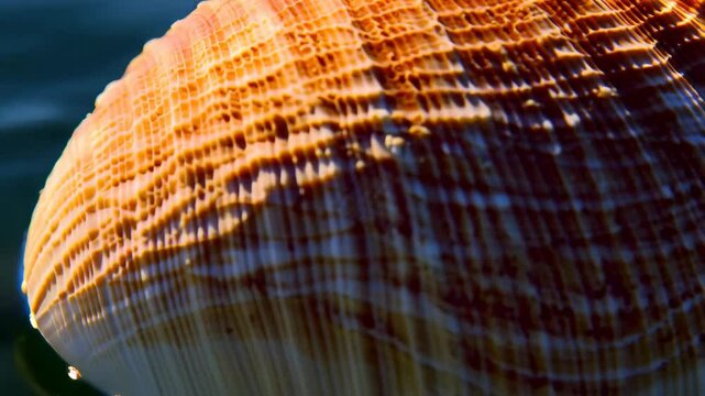 Macro detail of a textured orange seashell floating in dark ocean water on a sunny day reveals its intricate porous pattern