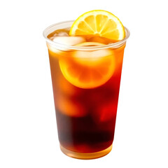Ice tea on plastic cup with lemon isolated on transparent background
