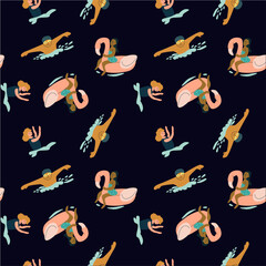 Colorful mermaid and sea creature pattern on dark background.