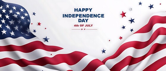 Realistic 4th of July background with red white and blue waving American flag and stars celebrating Independence Day on clean white backdrop