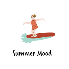 Caucasian female teen surfing illustration with summer theme and positive vibes.