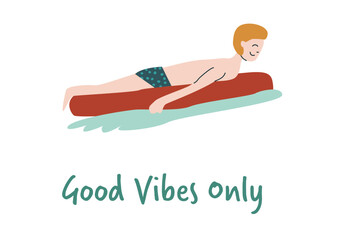 Young caucasian male relaxing on inflatable pool float with positive message.