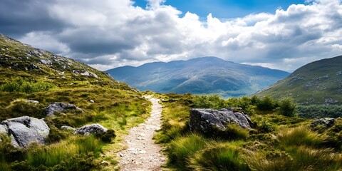 Scenic mountain hiking trail landscape view