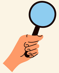 Hand holds a loupe. Search concept. Cartoon isolated vector illustration.