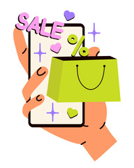 Hand holds smartphone with . Sale concept. Cartoon isolated vector illustration.